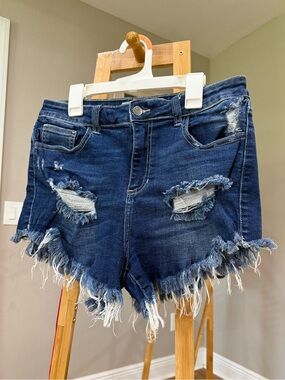 Cello Dark Blue Distressed Denim Shorts with Frayed Hem, Size 11